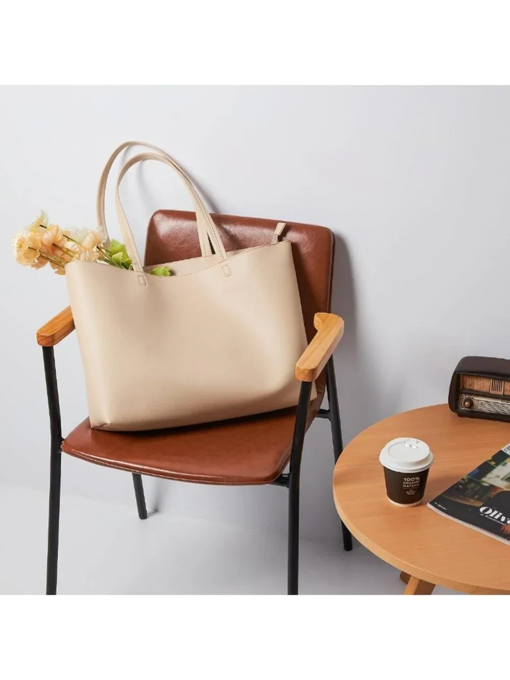 Vegan Leather Tote Bag - Large Zipper Shoulder Purse for Work, College